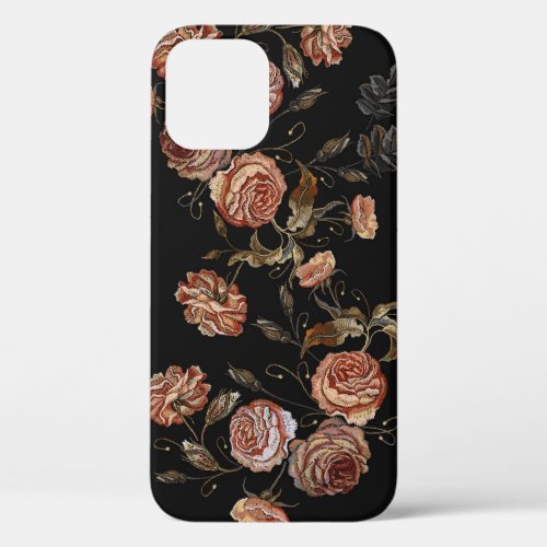 Embroidered roses black seamless pattern iPhone 12 case