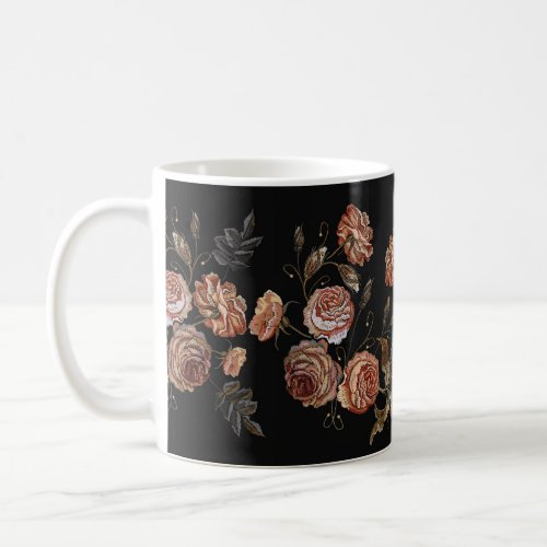 Embroidered roses black seamless pattern coffee mug