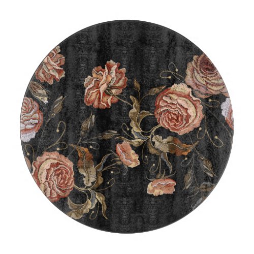 Embroidered roses black seamless pattern cutting board