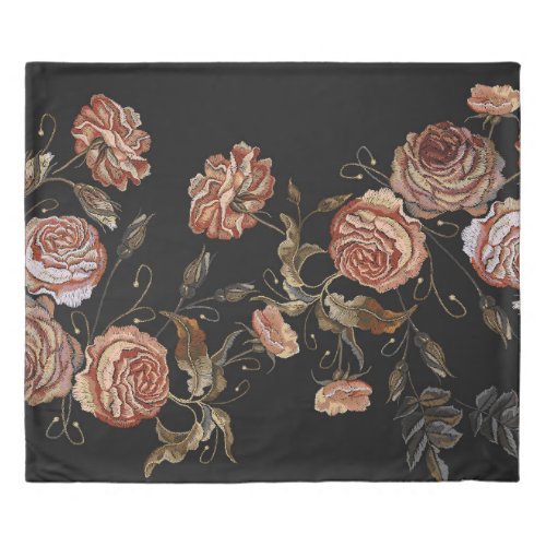 Embroidered roses black seamless pattern duvet cover