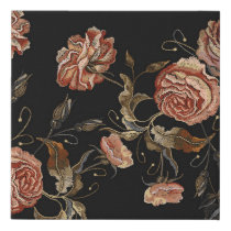 Embroidered roses: black seamless pattern. faux canvas print
