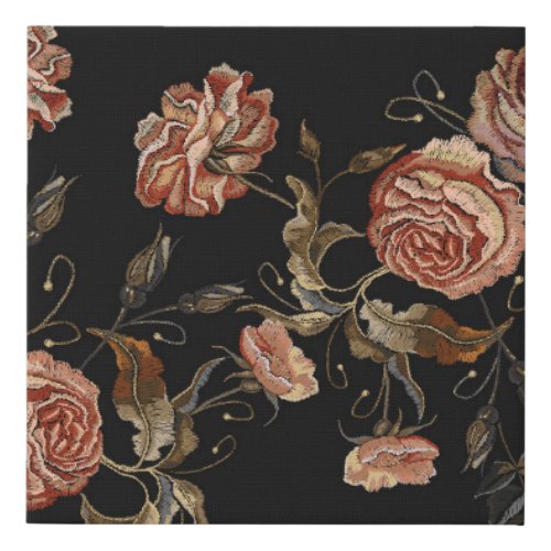 Embroidered roses black seamless pattern faux canvas print