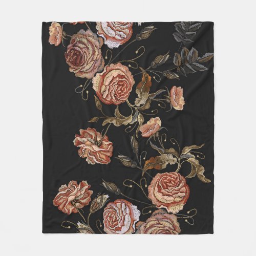 Embroidered roses black seamless pattern fleece blanket