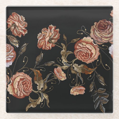 Embroidered roses black seamless pattern glass coaster