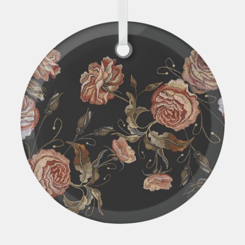 Embroidered roses black seamless pattern glass ornament
