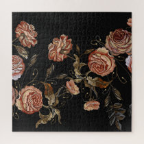 Embroidered roses: black seamless pattern. jigsaw puzzle