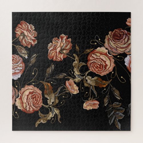Embroidered roses black seamless pattern jigsaw puzzle