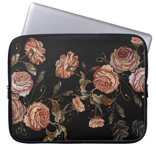Embroidered roses black seamless pattern laptop sleeve