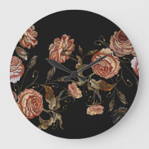 Embroidered roses: black seamless pattern. large clock