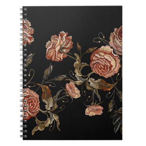Embroidered roses black seamless pattern notebook