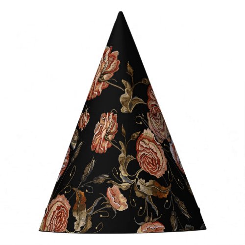 Embroidered roses black seamless pattern party hat