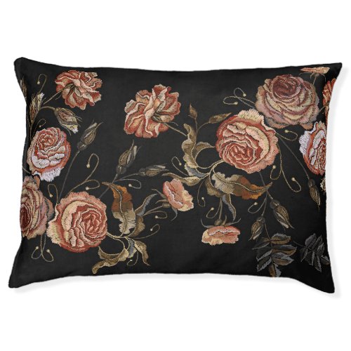 Embroidered roses black seamless pattern pet bed
