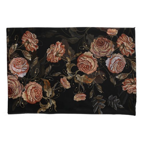 Embroidered roses black seamless pattern pillow case