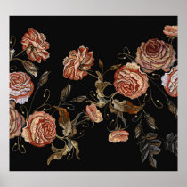 Embroidered roses: black seamless pattern. poster