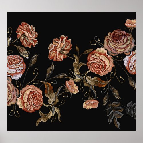 Embroidered roses black seamless pattern poster