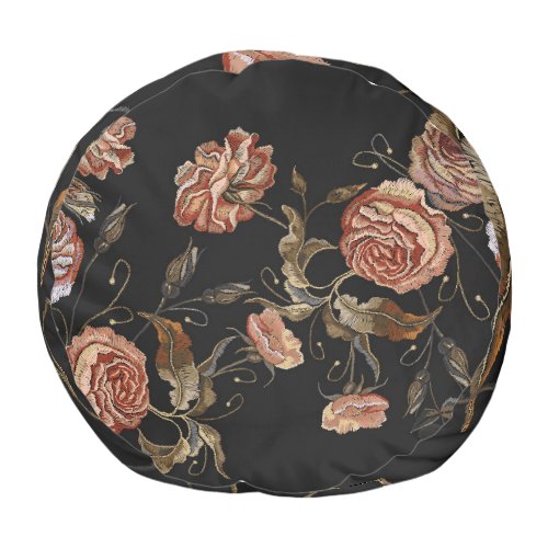 Embroidered roses black seamless pattern pouf