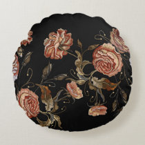 Embroidered roses: black seamless pattern. round pillow