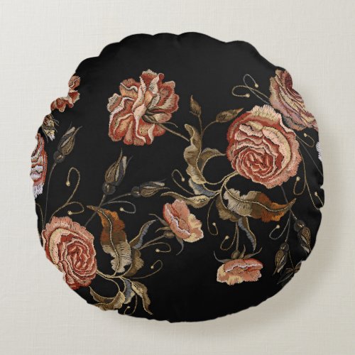 Embroidered roses black seamless pattern round pillow