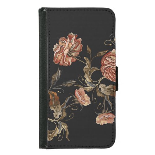 Embroidered roses black seamless pattern samsung galaxy s5 wallet case