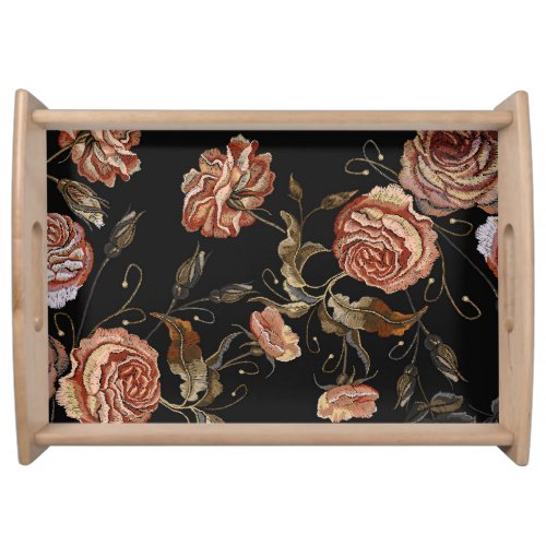 Embroidered roses black seamless pattern serving tray