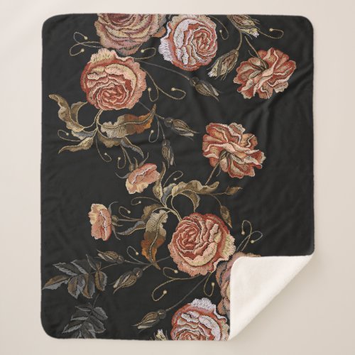 Embroidered roses black seamless pattern sherpa blanket