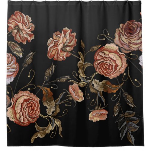 Embroidered roses black seamless pattern shower curtain