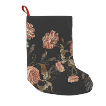 Embroidered roses: black seamless pattern. small christmas stocking