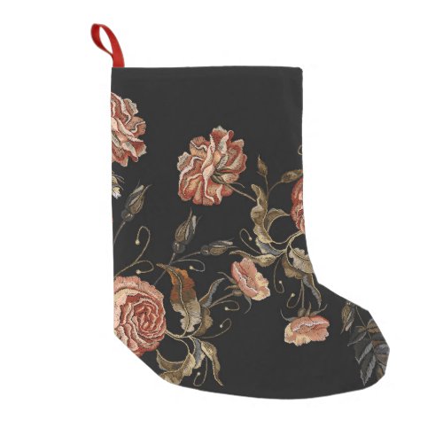 Embroidered roses black seamless pattern small christmas stocking