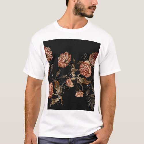 Embroidered roses black seamless pattern T_Shirt