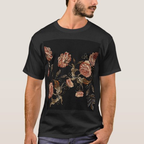 Embroidered roses black seamless pattern T_Shirt