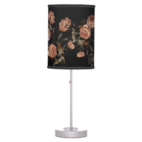 Embroidered roses black seamless pattern table lamp