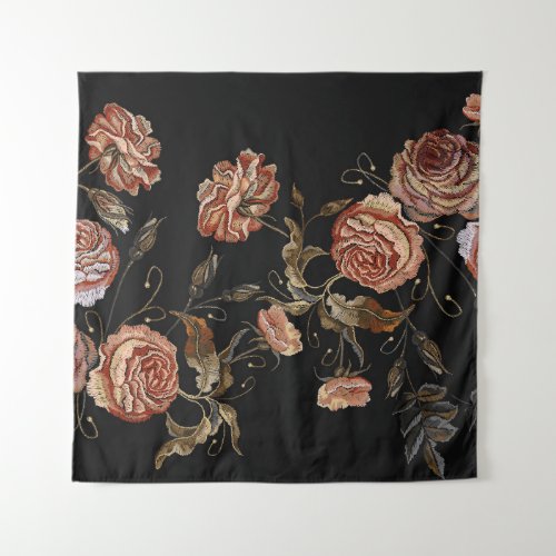Embroidered roses black seamless pattern tapestry