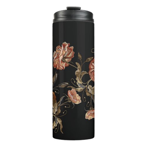 Embroidered roses black seamless pattern thermal tumbler