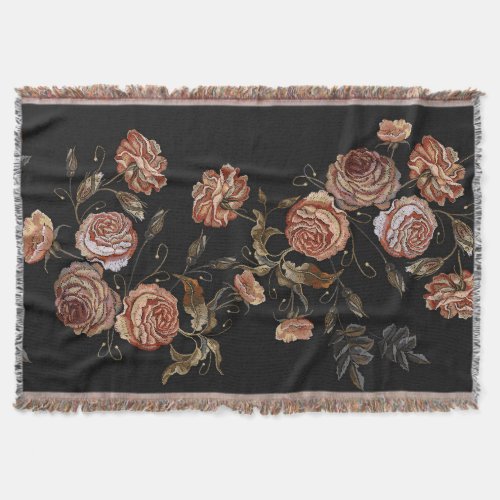 Embroidered roses black seamless pattern throw blanket