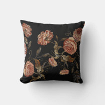Embroidered roses: black seamless pattern. throw pillow