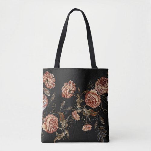 Embroidered roses black seamless pattern tote bag