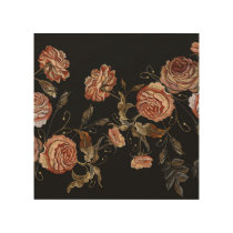 Embroidered roses: black seamless pattern. wood wall art
