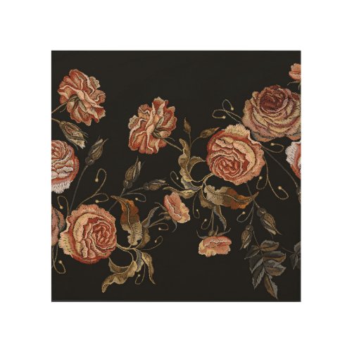 Embroidered roses black seamless pattern wood wall art