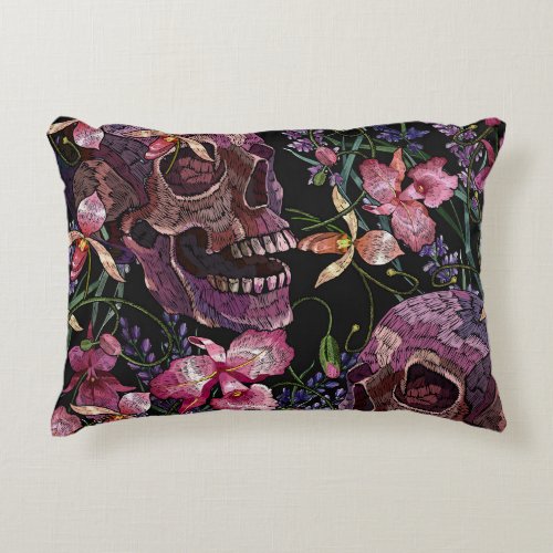 Embroidered Skull Gothic Orchid Pattern Accent Pillow