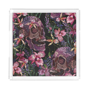 Embroidered Skull: Gothic Orchid Pattern Acrylic Tray
