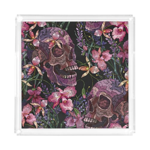 Embroidered Skull Gothic Orchid Pattern Acrylic Tray
