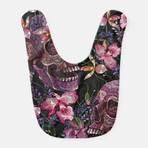 Embroidered Skull Gothic Orchid Pattern Baby Bib