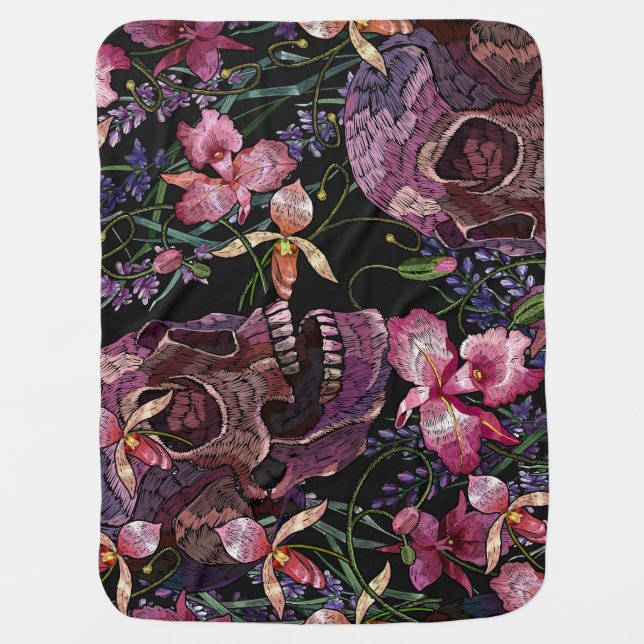 Embroidered Skull: Gothic Orchid Pattern Baby Blanket (Front)
