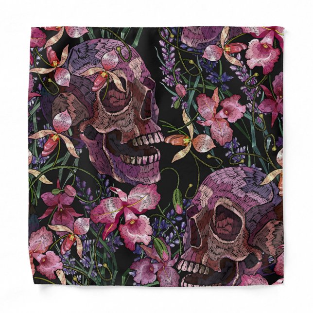 Embroidered Skull: Gothic Orchid Pattern Bandana (Front)