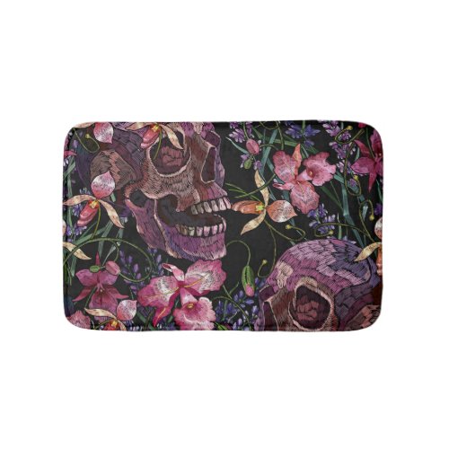 Embroidered Skull Gothic Orchid Pattern Bath Mat