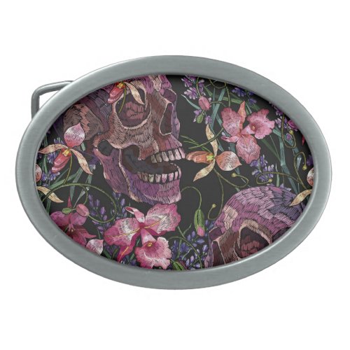 Embroidered Skull Gothic Orchid Pattern Belt Buckle