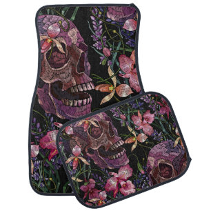 Embroidered Skull: Gothic Orchid Pattern Car Floor Mat