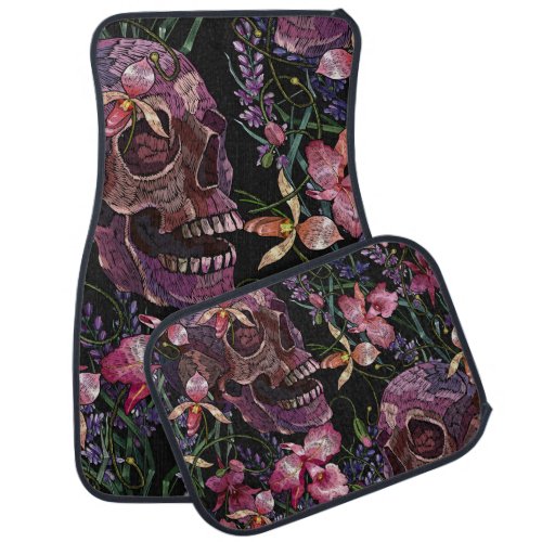 Embroidered Skull Gothic Orchid Pattern Car Floor Mat