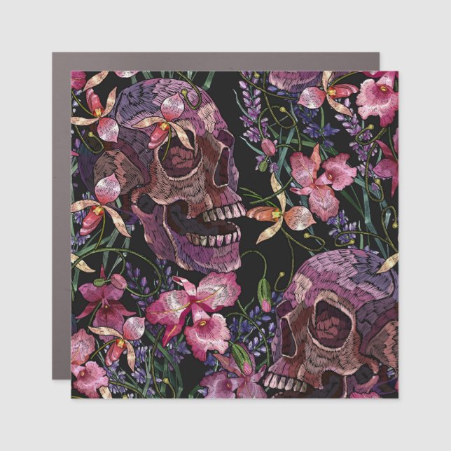 Embroidered Skull: Gothic Orchid Pattern Car Magnet (Front)