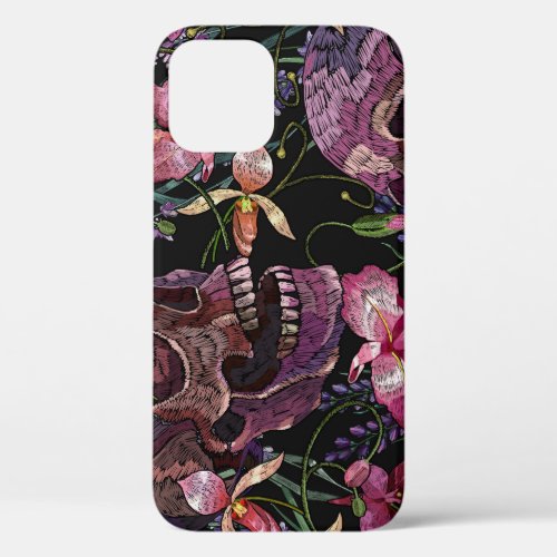 Embroidered Skull Gothic Orchid Pattern iPhone 12 Case